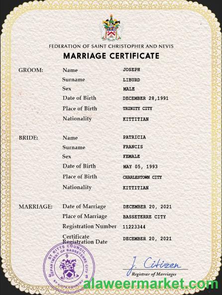 Saint Kitts and Nevis marriage certificate PSD template